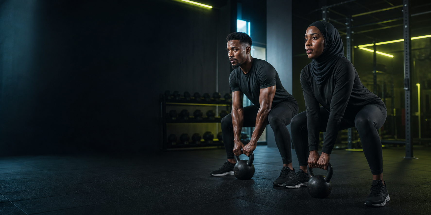 Two athletes training with kettlebells